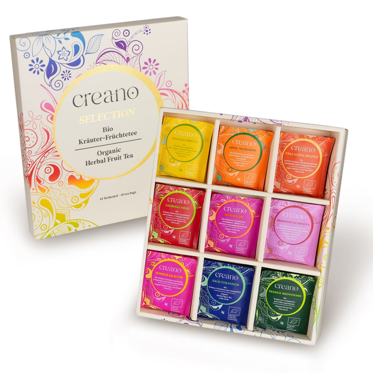 Bio Früchte- Kräutertee 45er Geschenkset „ORGANIC HERBAL TEA“ - 45 Bio-Teebeutel in 9 unterschiedlichen Sorten - 90g*²