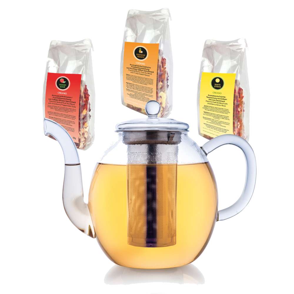 Teekanne hoch 1,5l und Teemischungen (Erbeer-Minze, Exotische Früchte, Sanfte Limette)