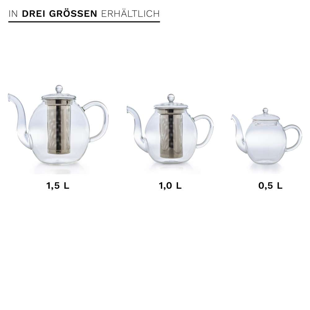 Teekanne hoch 1,5l und Teemischungen (Erbeer-Minze, Exotische Früchte, Sanfte Limette)