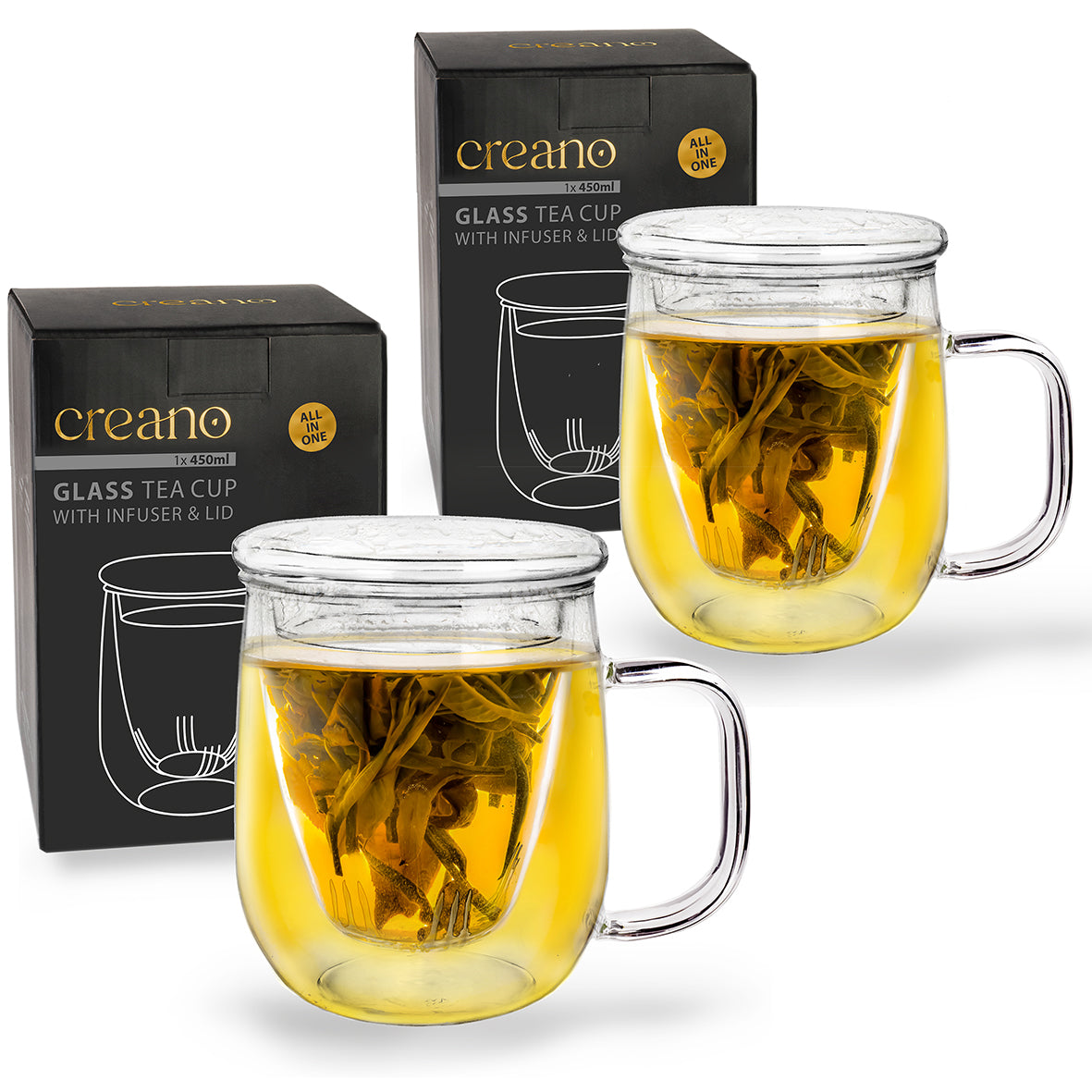 Creano 2x Teeglas 450ml - Große Teetasse mit Sieb und Deckel aus Glas - ein idealer Teebereiter