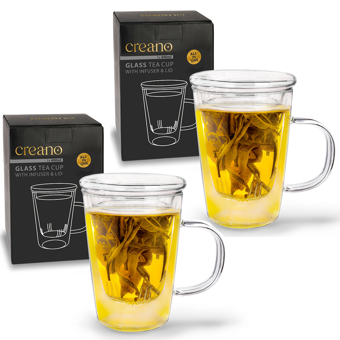 Creano 2x Teeglas 400ml - Große Teetasse mit Sieb und Deckel aus Glas - ein idealer Teebereiter