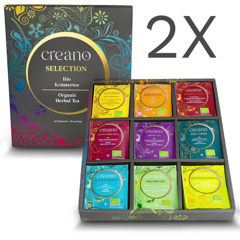 Creano 2er-Set Bio Kräutertee Geschenkset Grey „ORGANIC HERBAL TEA“ - 45 Bio-Teebeutel in 9 unterschiedlichen Sorten