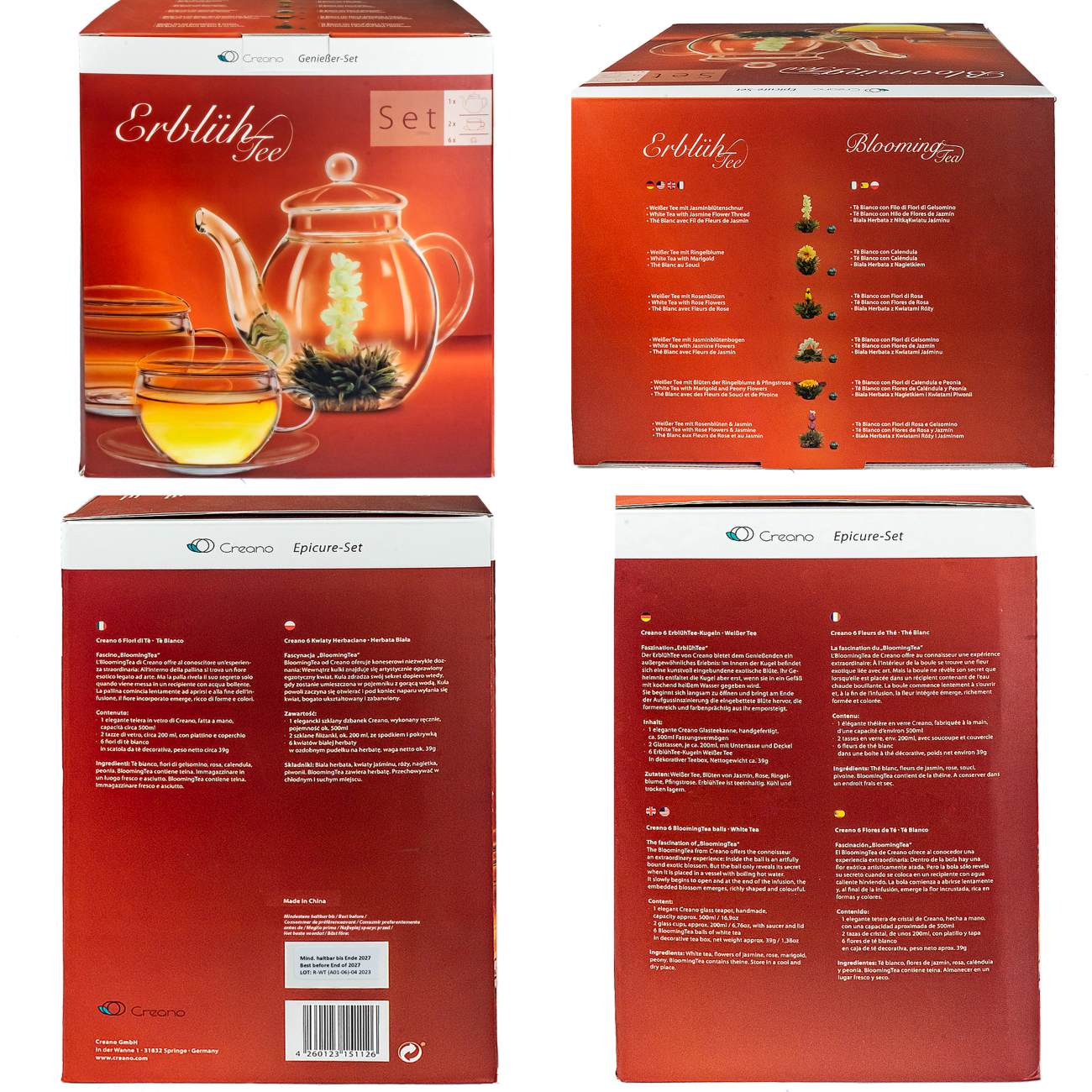 Creano Teeblumen Mix – Geschenkset Erblühtee Genießerset mit Glaskanne und Teetassen Weißtee (6 verschiedene Sorten)