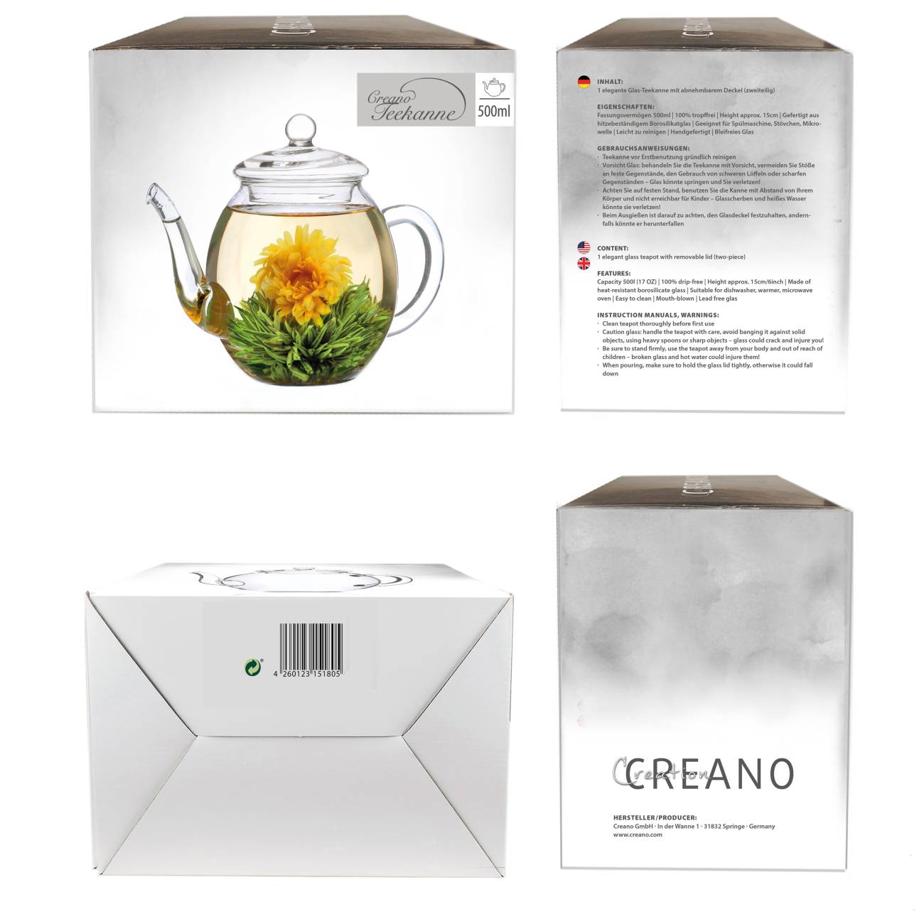 Creano Teekanne aus Glas mit Deckel für 500ml Tee aus Teeblumen, Teerosen und losem Tee sowie Teebeuteln | hochwertig, hitzebeständig - Creano