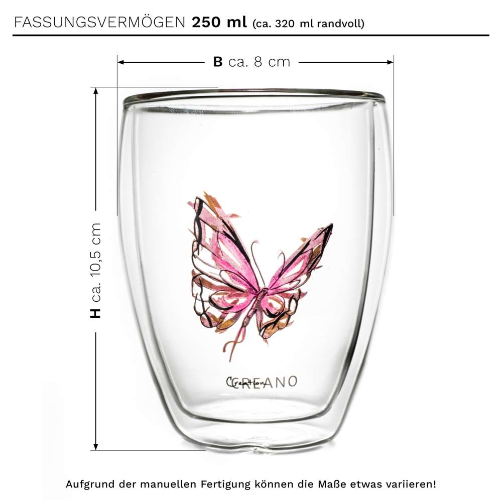 Creano doppelwandiges Tee-Glas, Latte Macchiato, Thermobecher Schmetterling | 250ml in exklusiver Geschenkbox (Rot) - Creano