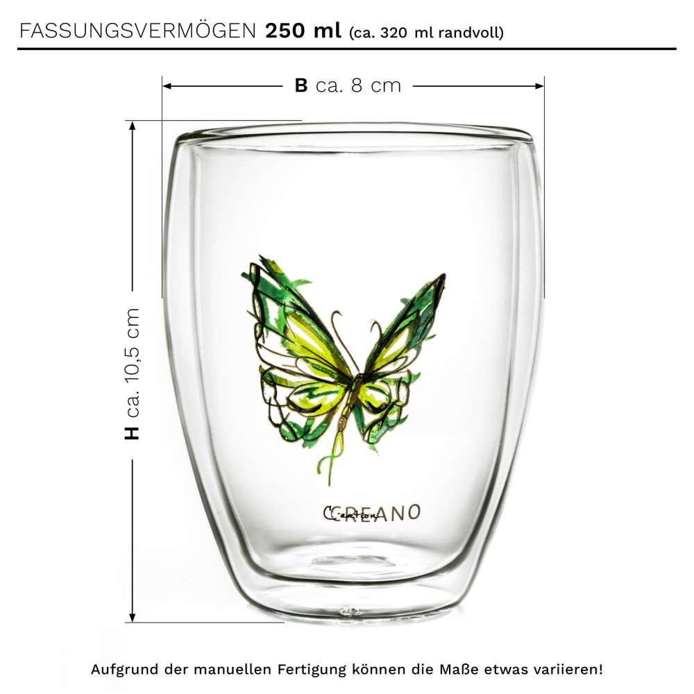 Creano doppelwandiges Tee-Glas, Latte Macchiato, Thermobecher Schmetterling | 250ml in exklusiver Geschenkbox (Grün)