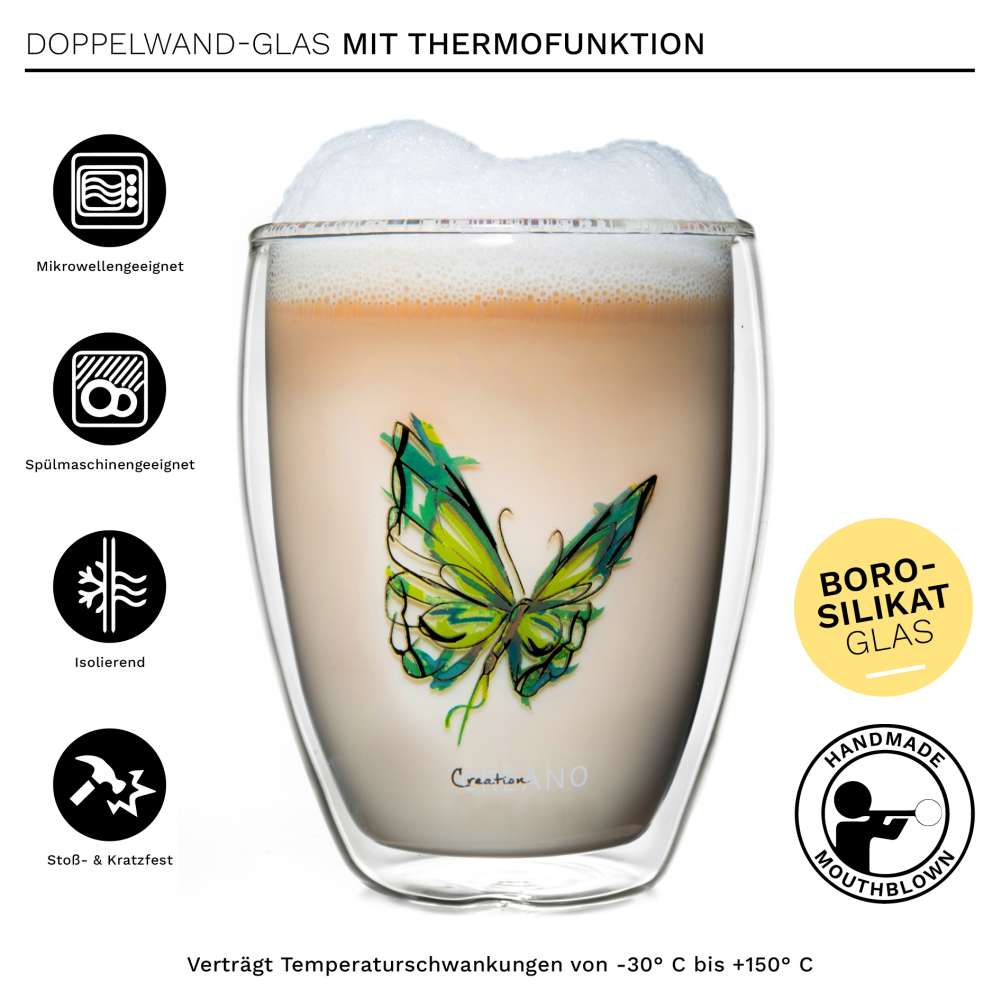Creano doppelwandiges Tee-Glas, Latte Macchiato, Thermobecher Schmetterling | 250ml in exklusiver Geschenkbox (Grün)