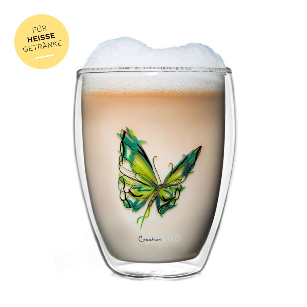 Creano doppelwandiges Tee-Glas, Latte Macchiato, Thermobecher Schmetterling | 250ml in exklusiver Geschenkbox (Grün) - Creano