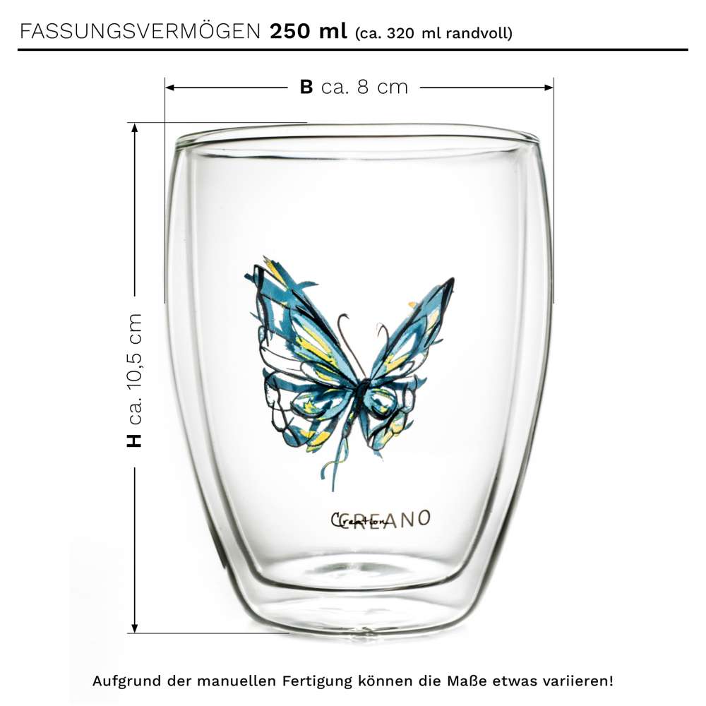 Creano doppelwandiges Tee-Glas, Latte Macchiato, Thermobecher Schmetterling | 250ml in exklusiver Geschenkbox (Blau) - Creano