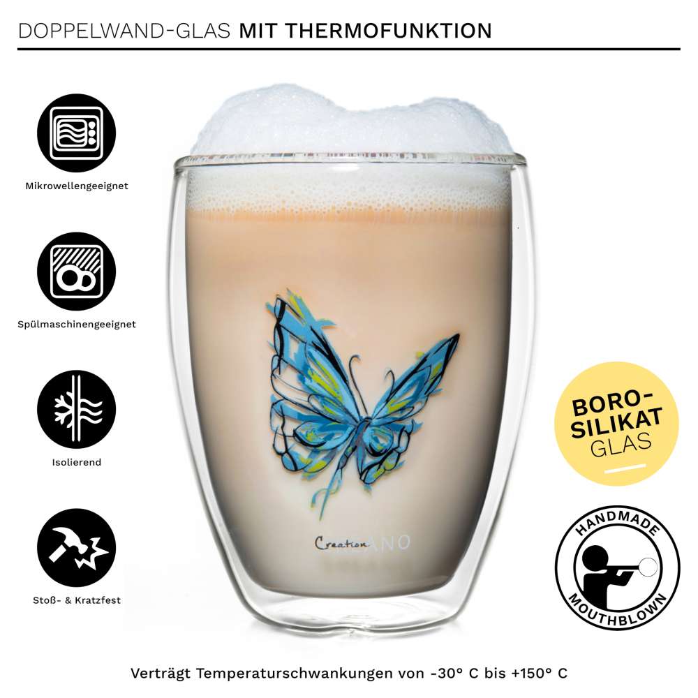 Creano doppelwandiges Tee-Glas, Latte Macchiato, Thermobecher Schmetterling | 250ml in exklusiver Geschenkbox (Blau) - Creano