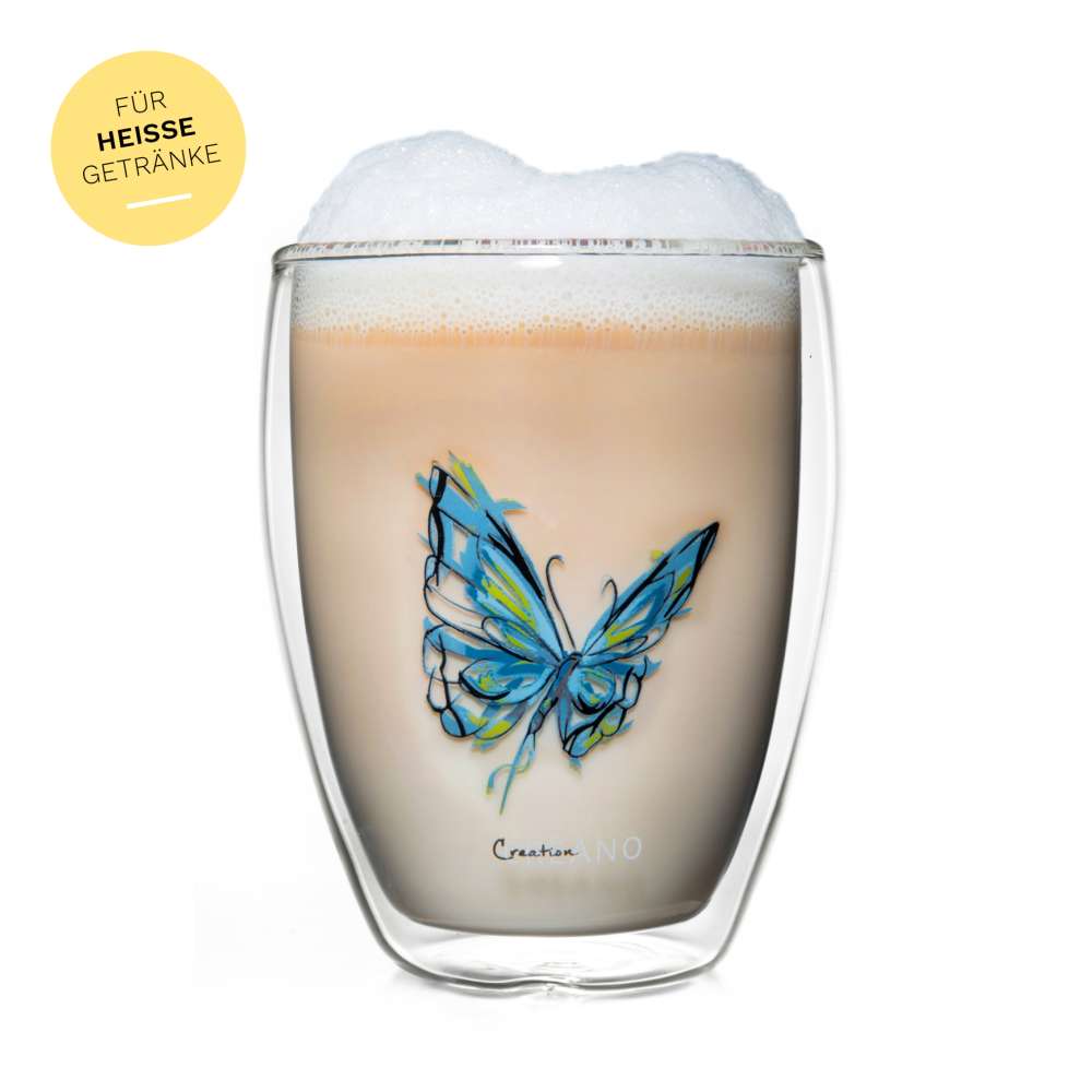 Creano doppelwandiges Tee-Glas, Latte Macchiato, Thermobecher Schmetterling | 250ml in exklusiver Geschenkbox (Blau) - Creano