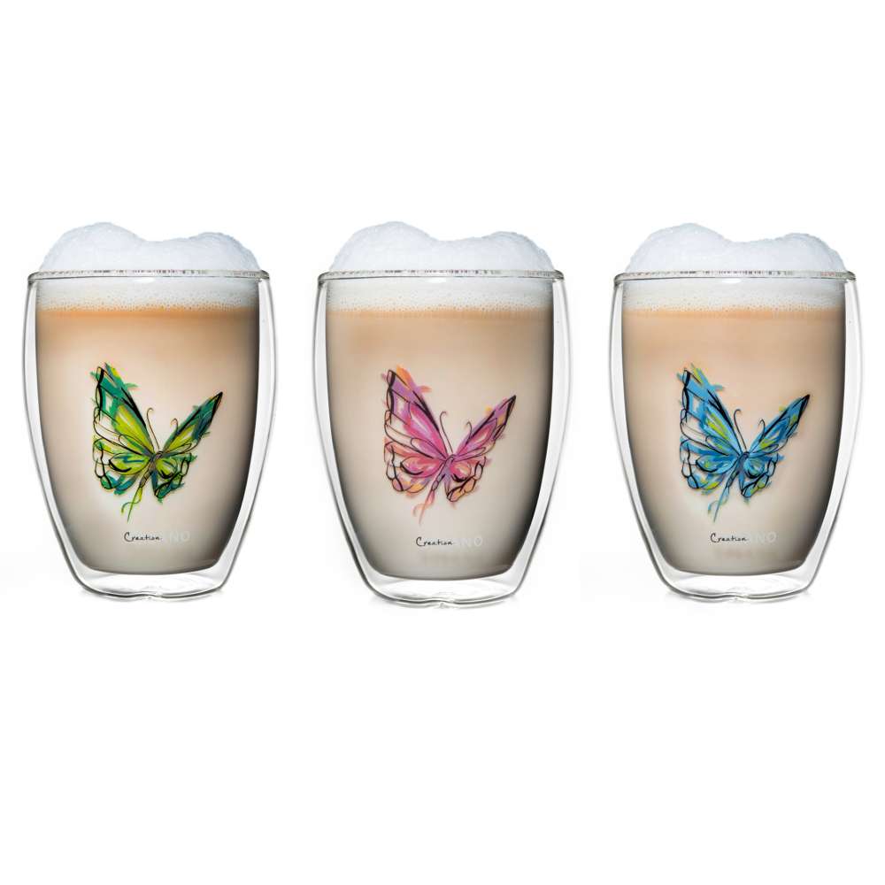 Creano doppelwandiges Tee-Glas, Latte Macchiato, Thermobecher Schmetterling | 250ml in exklusiver Geschenkbox (3er Set)