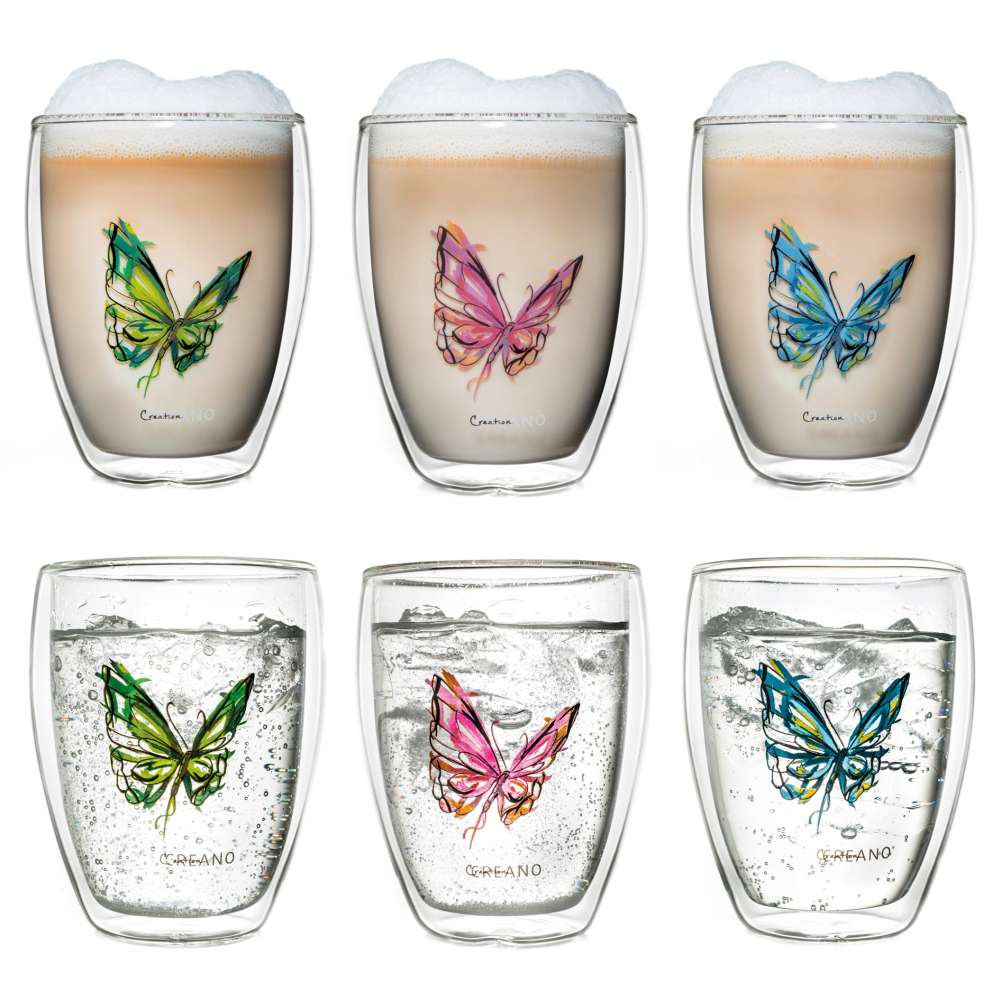 Creano doppelwandiges Tee-Glas, Latte Macchiato, Thermobecher Schmetterling | 250ml in exklusiver Geschenkbox (6er Set)
