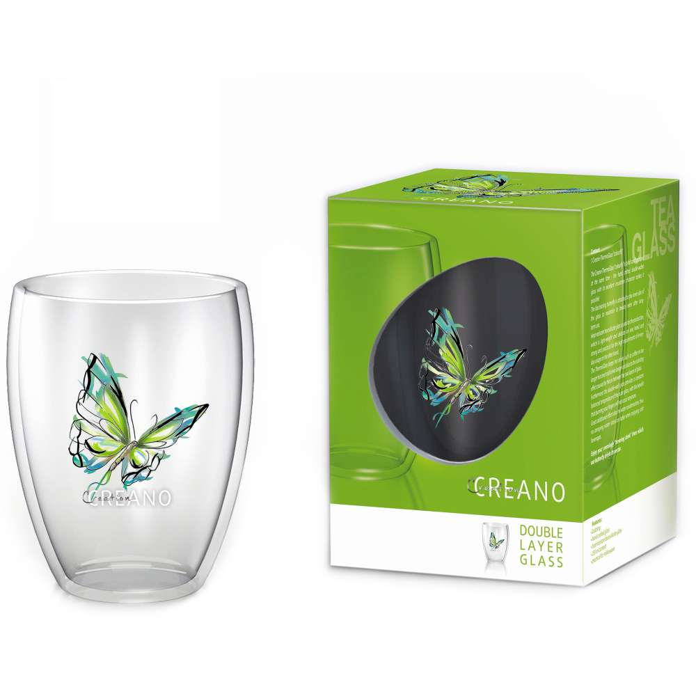 Creano doppelwandiges Tee-Glas, Latte Macchiato, Thermobecher Schmetterling | 250ml in exklusiver Geschenkbox (6er Set)