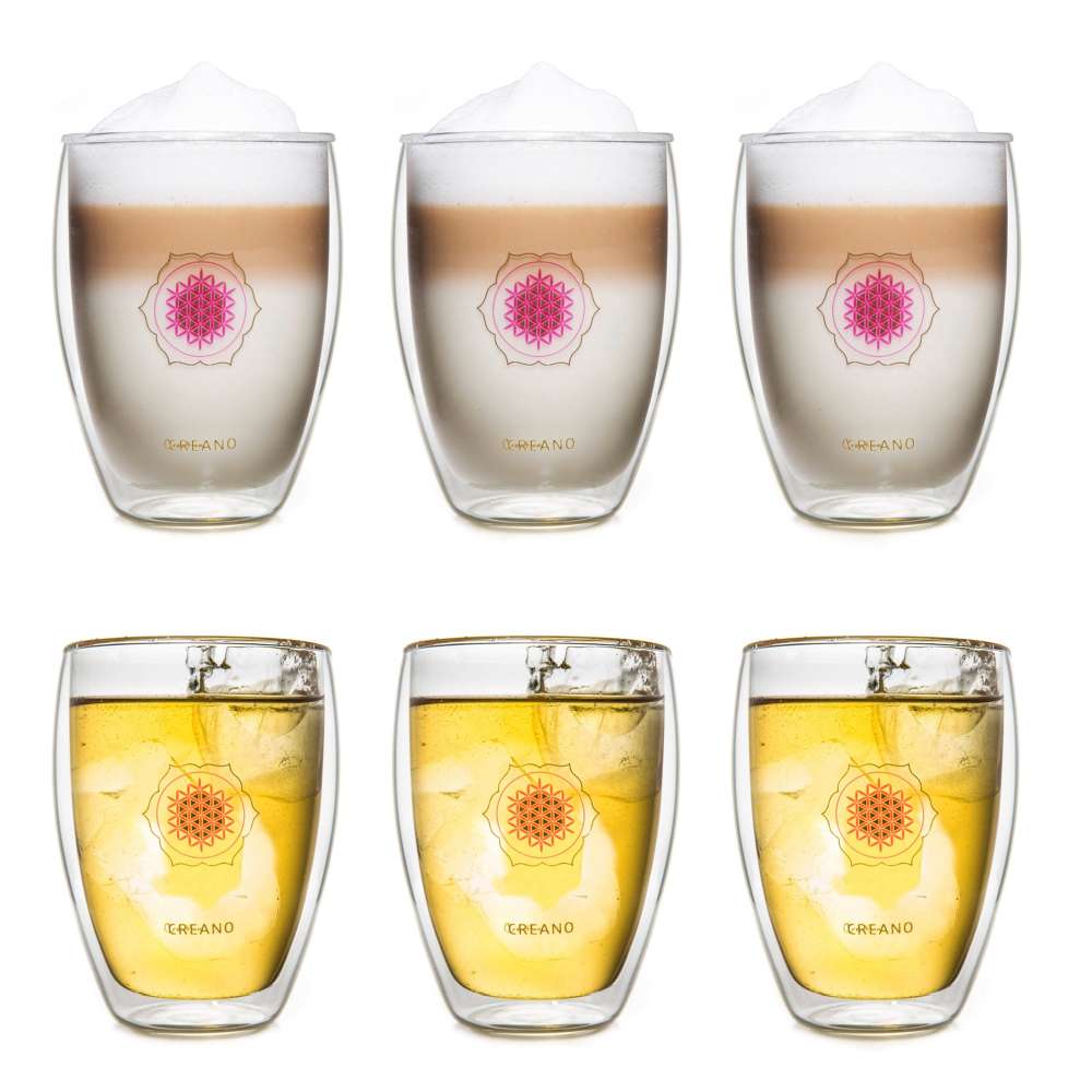 Creano doppelwandiges Tee-Glas, Latte Macchiato, Thermobecher Blume des Lebens | 250ml, in exklusiver Geschenkbox 6er Set