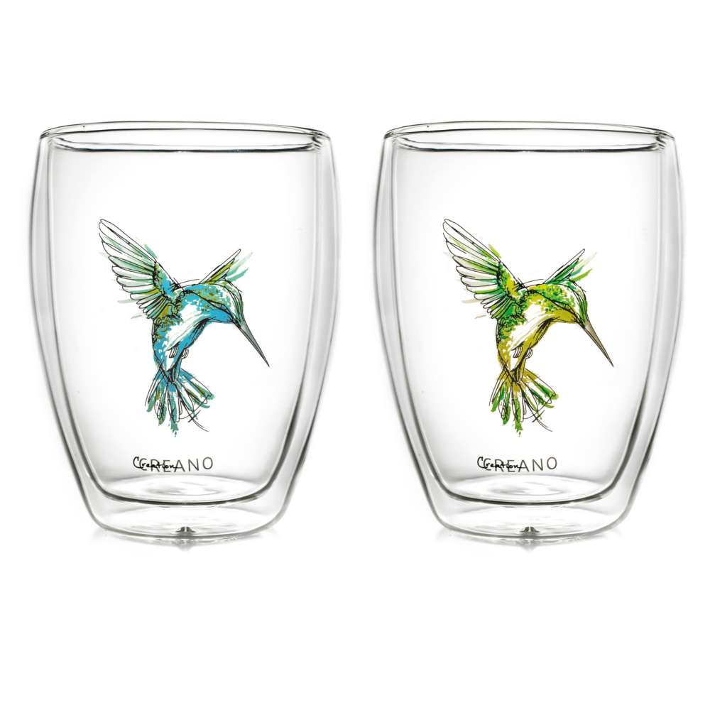 Creano doppelwandige Tee-Gläser, Cappuccino-Glas, Thermoglas Hummi im Kolibri Design, 2er Set, 250 ml in exklusiver Geschenkbox, blau/grün