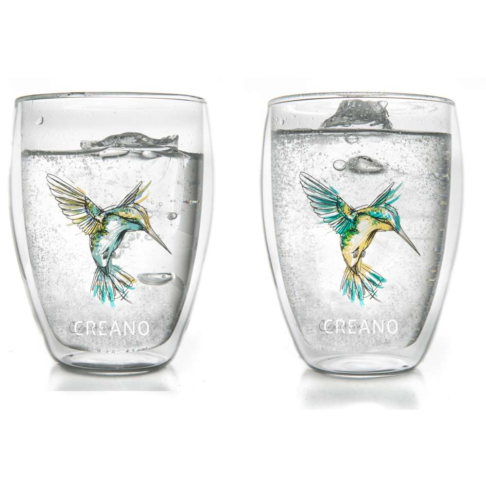Creano doppelwandige Tee-Gläser, Cappuccino-Glas, Thermoglas Hummi im Kolibri Design, 2er Set, 250 ml in exklusiver Geschenkbox, blau/grün