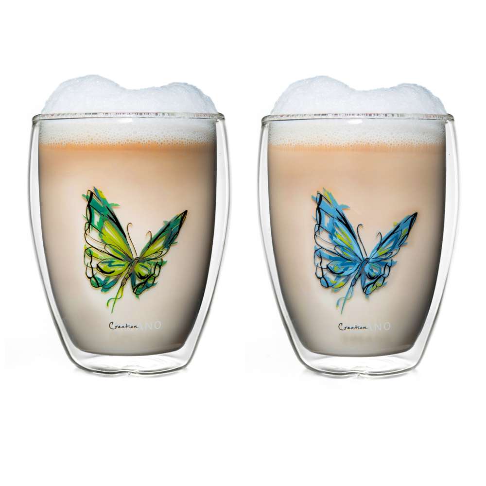 Creano doppelwandiges Tee-Glas, Latte Macchiato, Thermobecher Schmetterling | 250ml in exklusiver Geschenkbox (2er Set)