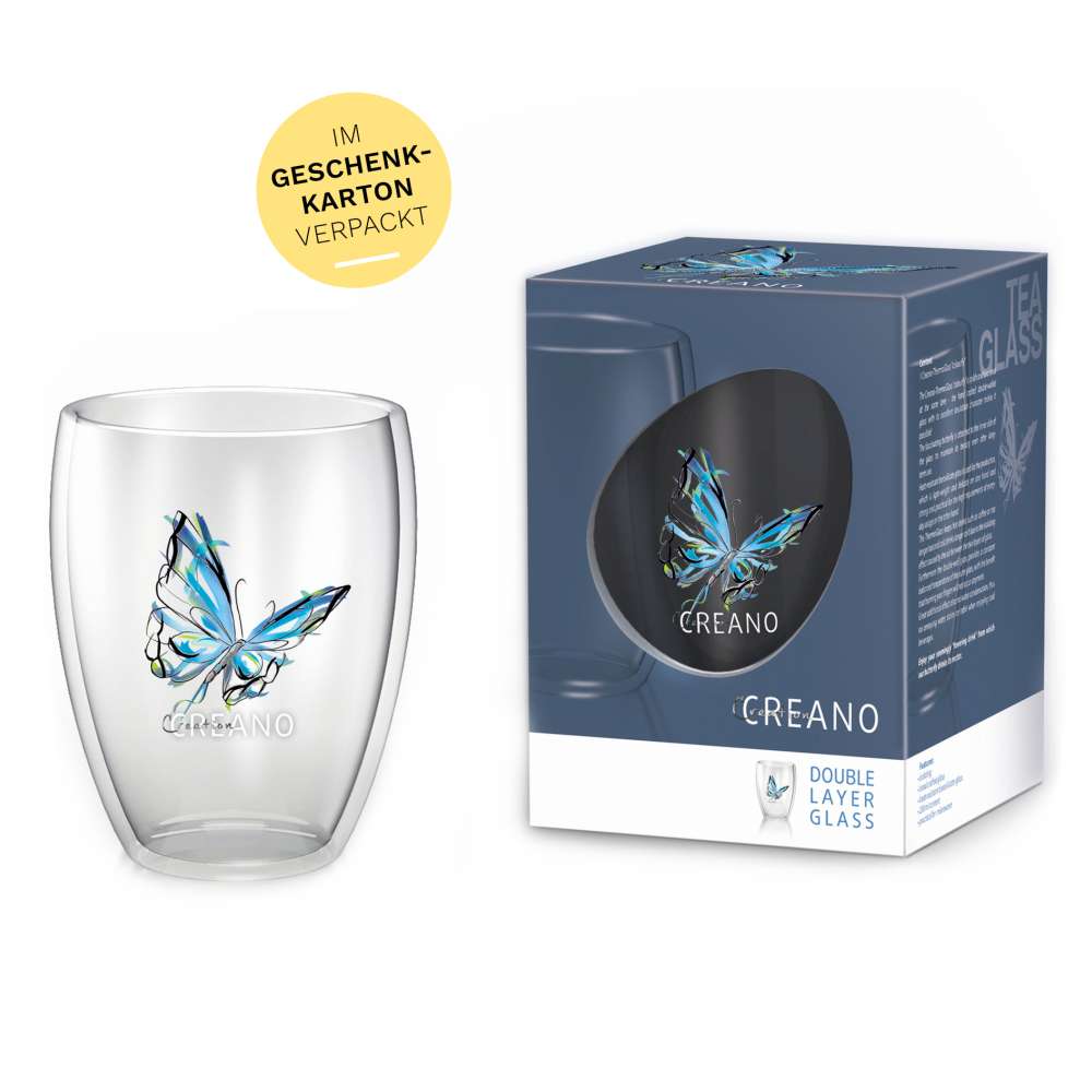 Creano doppelwandiges Tee-Glas, Latte Macchiato, Thermobecher Schmetterling | 250ml in exklusiver Geschenkbox (2er Set)