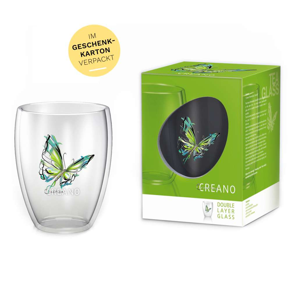 Creano doppelwandiges Tee-Glas, Latte Macchiato, Thermobecher Schmetterling | 250ml in exklusiver Geschenkbox (2er Set)