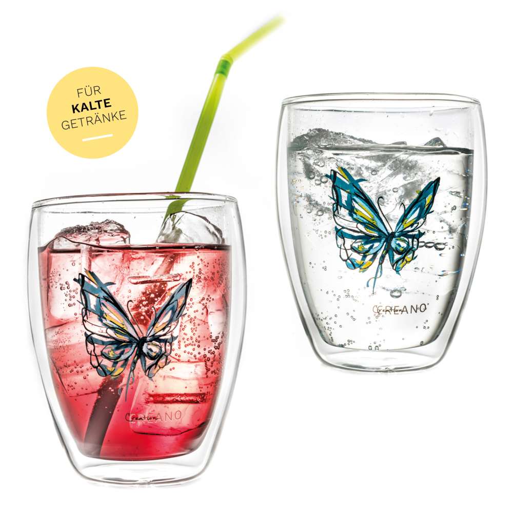 Creano doppelwandiges Tee-Glas, Latte Macchiato, Thermobecher Schmetterling | 250ml in exklusiver Geschenkbox (2er Set)