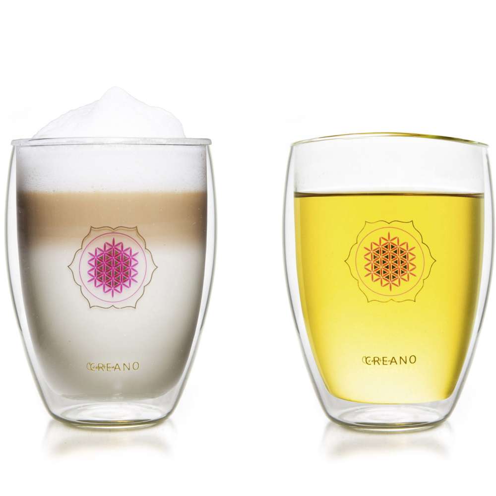 Creano doppelwandiges Tee-Glas, Latte Macchiato, Thermobecher Blume des Lebens | 250ml, in exklusiver Geschenkbox 2er Set