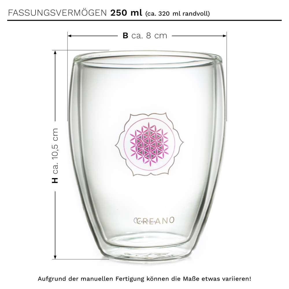 Creano doppelwandiges Tee-Glas, Latte Macchiato, Thermobecher Blume des Lebens | 250ml, in exklusiver Geschenkbox 2er Set - Creano