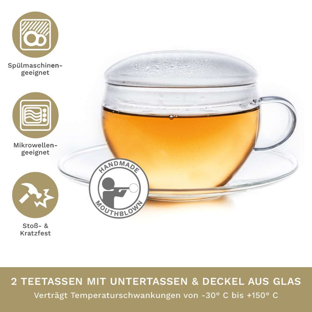 Creano 2er-Set Glas-Tasse mit Untertasse & Deckel, praktisch für ErblühTeelini, exqusiTea, Cappuccino, Latte Macchiato | 200ml