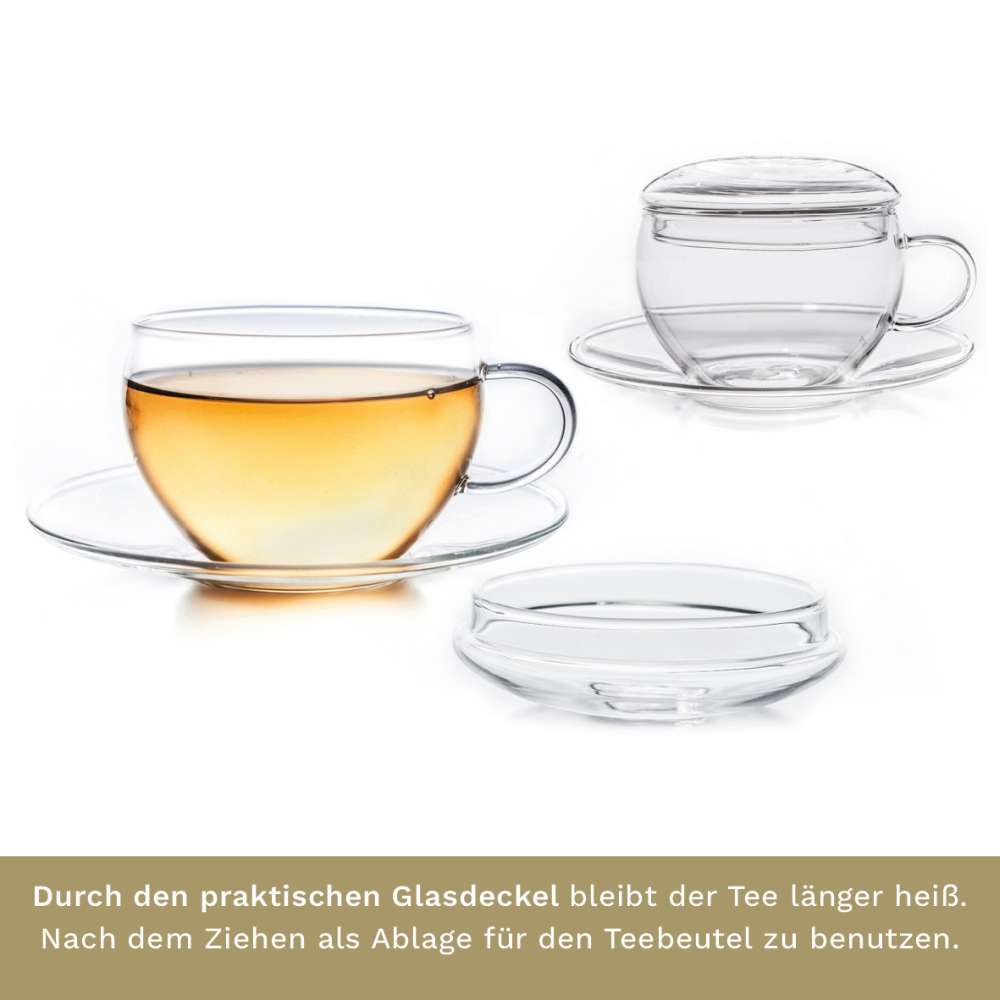 Creano 2er-Set Glas-Tasse mit Untertasse & Deckel, praktisch für ErblühTeelini, exqusiTea, Cappuccino, Latte Macchiato | 200ml
