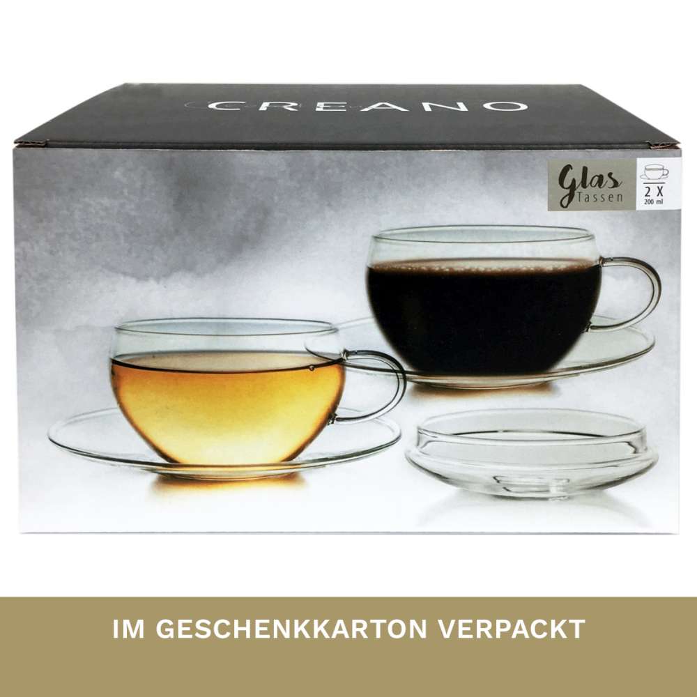 Creano 2er-Set Glas-Tasse mit Untertasse & Deckel, praktisch für ErblühTeelini, exqusiTea, Cappuccino, Latte Macchiato | 200ml