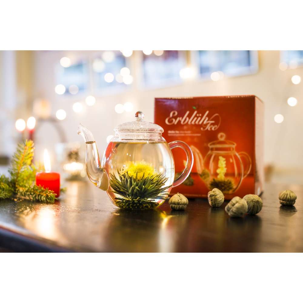 Creano Teeblumen Mix - Geschenkset "ErblühTee" mit Glaskanne Weißtee (6 verschiedene Sorten)