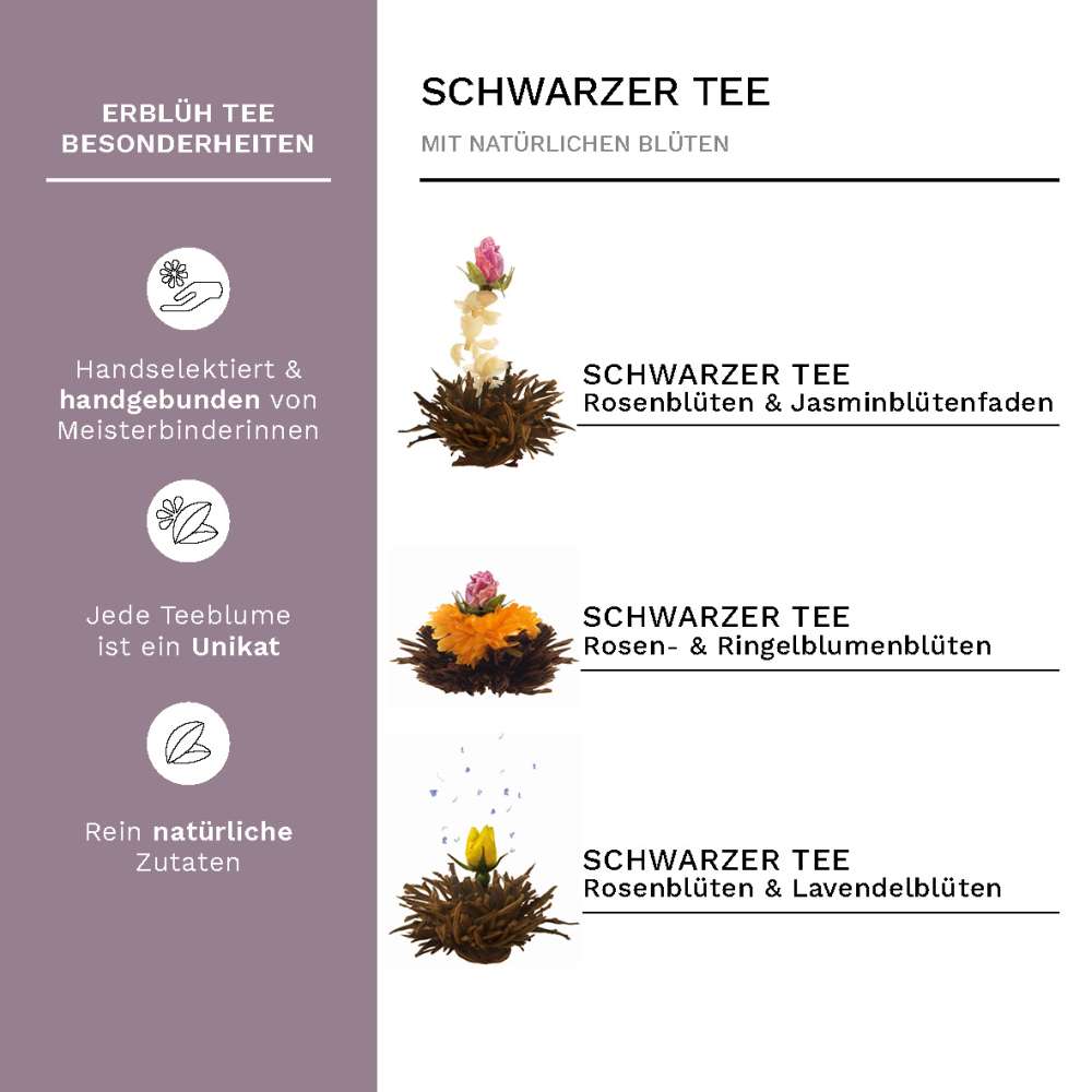 Creano Erblühtee 6 Teeblumen Geschenkset schwarzer Tee in Holzschachtel in Herzform