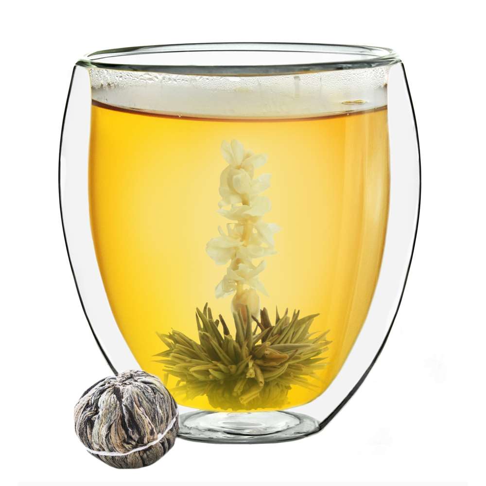 Creano Doppelwandiges Thermoglas "bauchig" XXL, Extra Großes Hitzebeständiges Kaffeeglas / Teeglas | 400ml inkl. einer Teeblume