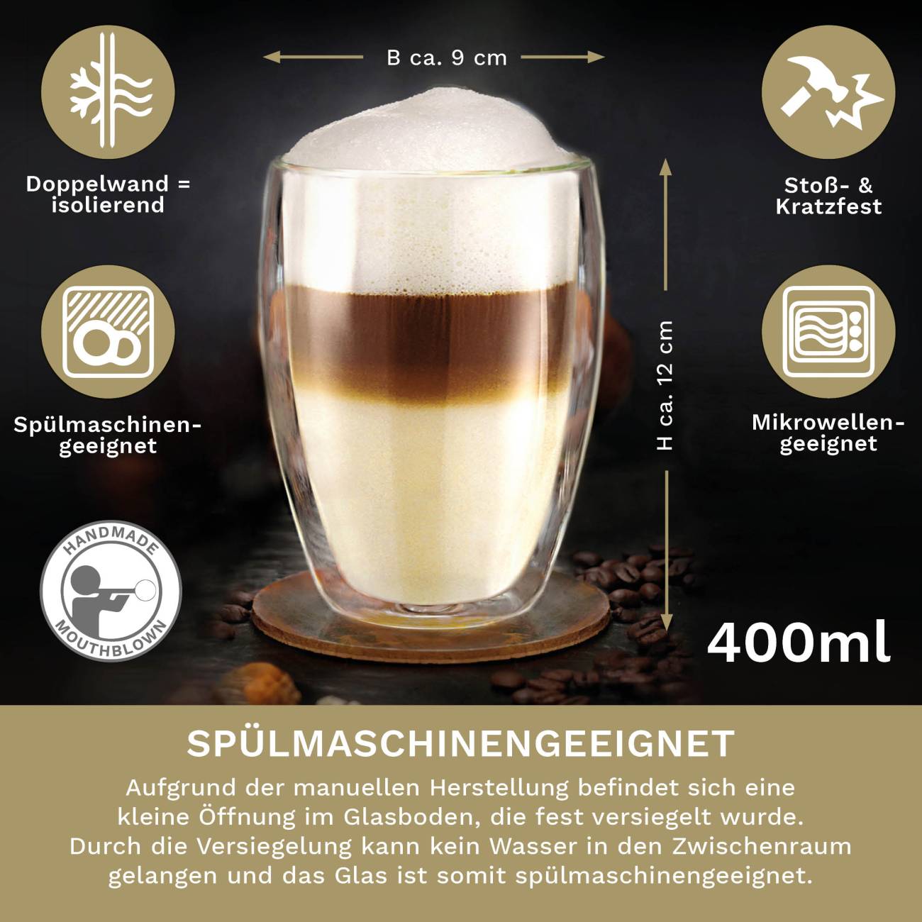 Creano Doppelwandiges Thermoglas "hoch" XXL, Extra Großes Hitzebeständiges Kaffeeglas / Teeglas | 400ml inkl. einer Teeblume - Creano