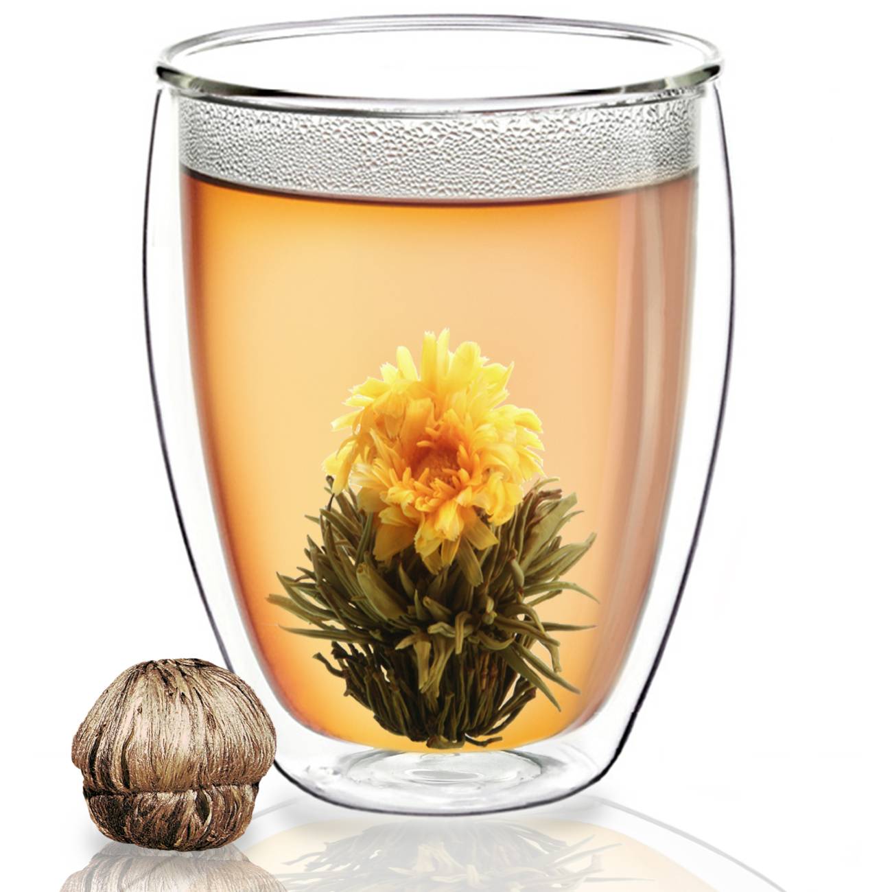 Creano Doppelwandiges Thermoglas "hoch" XXL, Extra Großes Hitzebeständiges Kaffeeglas / Teeglas | 400ml inkl. einer Teeblume - Creano