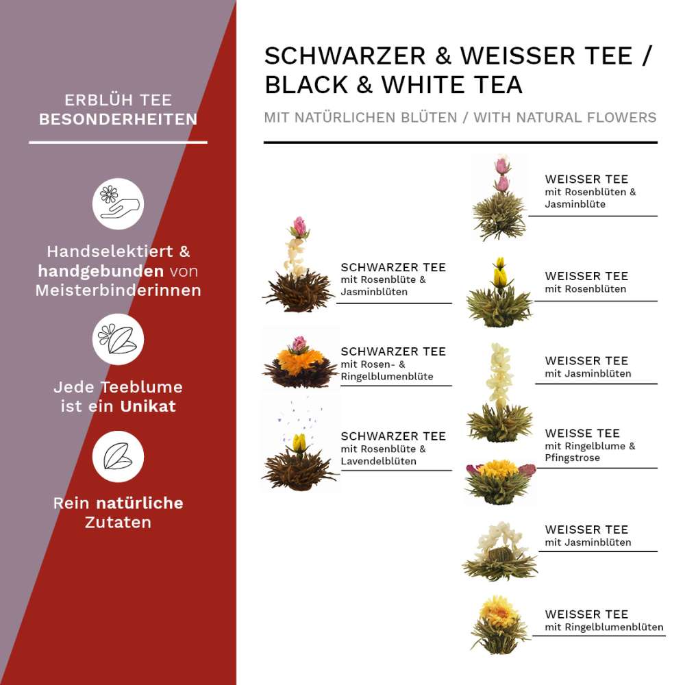 Creano Teeblumen Geschenkset in Teekiste aus Holz 12 Erblühtee in 9 Sorten Weißtee & Schwarztee, Geschenk für Frauen, Mutter, Teeliebhaber - Creano