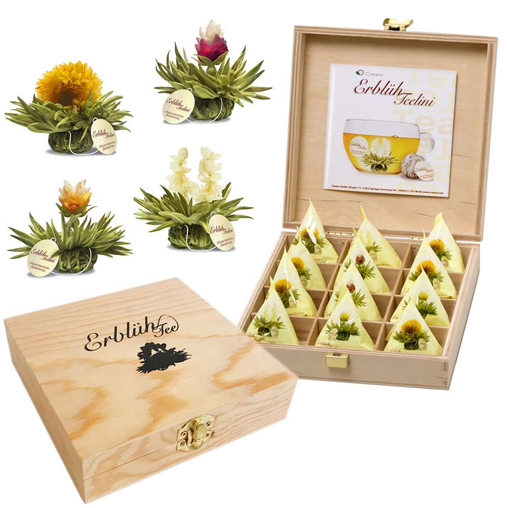 ErblühTeelini Weißtee Geschenkset und Holzkiste mit 12 ErblühTeelini Weißtee - Creano