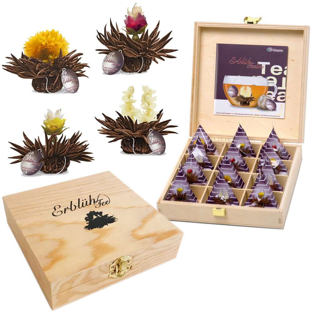 ErblühTeelini Schwarztee Geschenkset und Holzkiste mit 12 ErblühTeelini Schwarztee