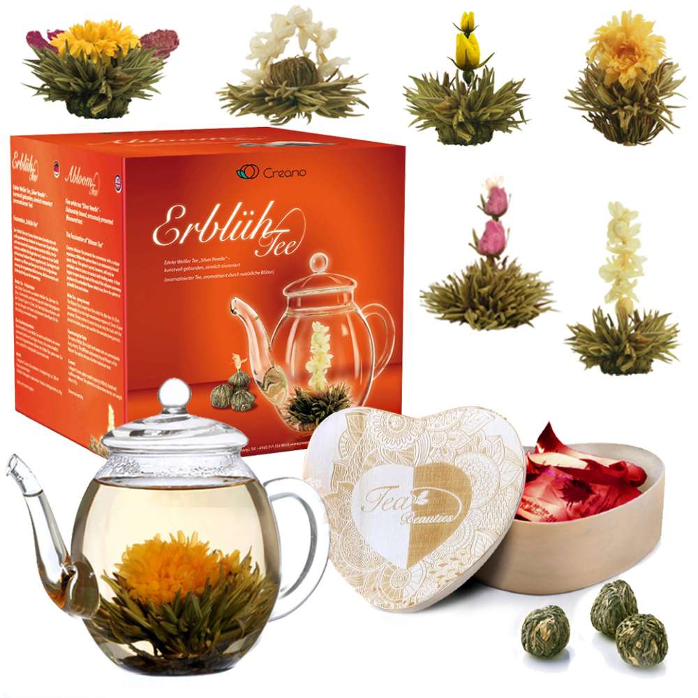 6er Set ErblühTee in Herz-Holzbox + 500ml Teekanne