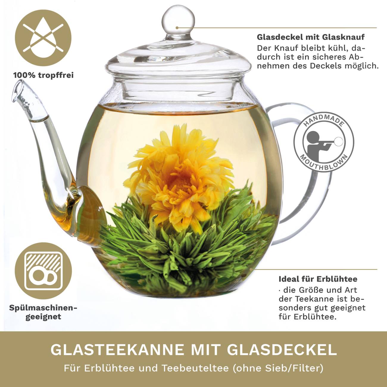 6er Set ErblühTee in Herz-Holzbox + 500ml Teekanne - Creano