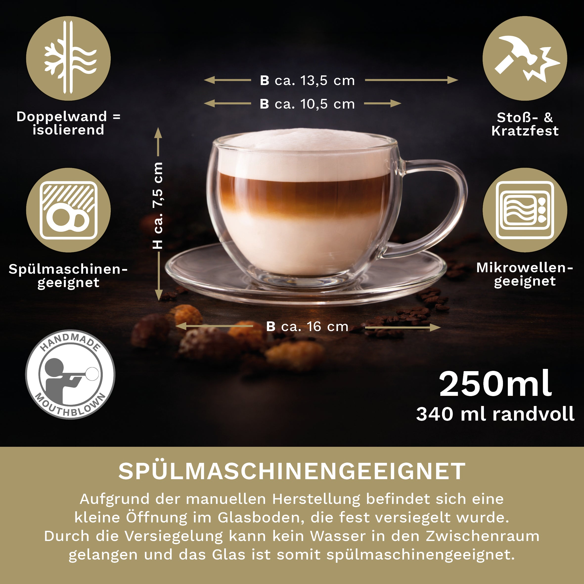 Creano doppelwandige Thermo-Tasse (Set: 1er, 2er, 4er, 6er) mit Untersetzer | 250ml - Creano