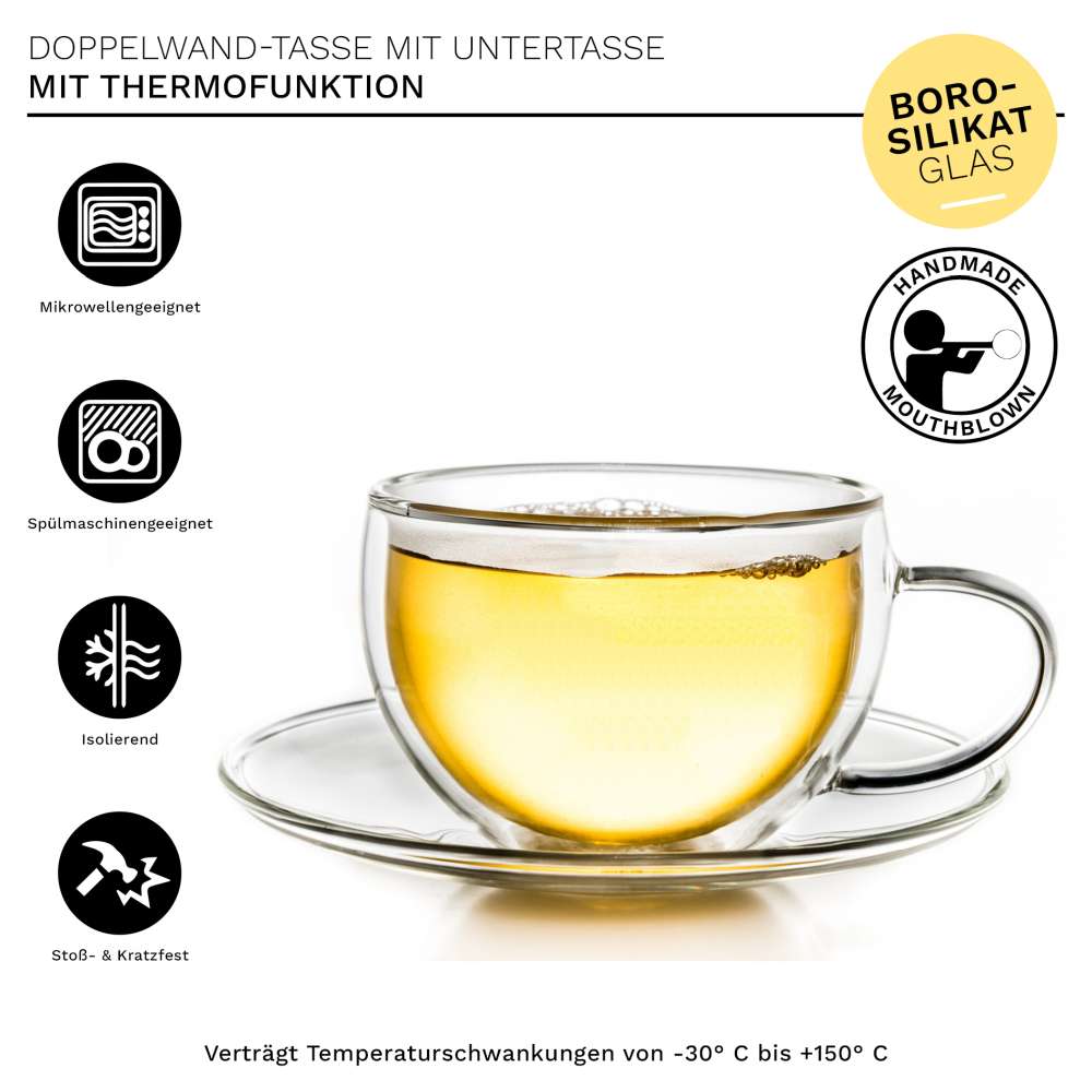 Creano doppelwandige Thermo-Tasse (Set: 1er, 2er, 4er, 6er) mit Untersetzer | 250ml