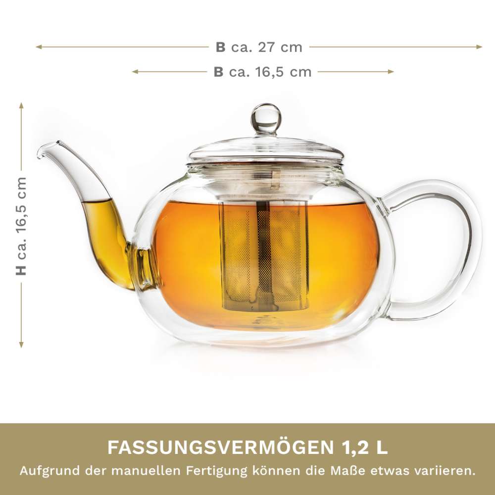 Creano doppelwandige Glas-Teekanne 1,2l mit Edelstahlfilter - tropffrei