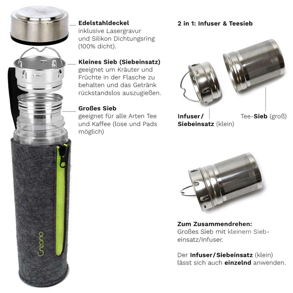 Creano doppelwandiger Thermo-Teamaker grün mit Kräuter-/Früchteteemischungen | 400 ml