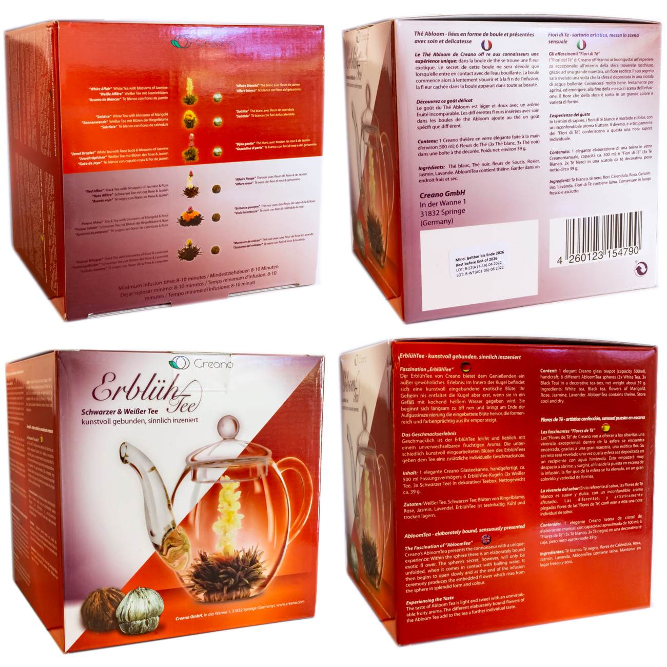 Creano Teeblumen Mix - Geschenkset ErblühTee mit Glaskanne 500ml Weißtee & Schwarztee mit 6 Teekugeln je 3x weißer & schwarzer Tee, Geschenk für Frauen, Mutter, Teeliebhaber - Creano