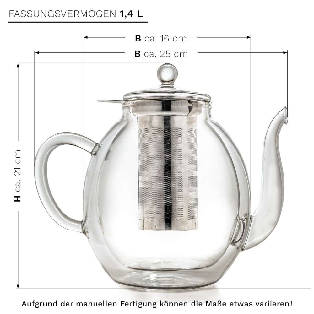 Creano doppelwandige Glas-Teekanne 1,4l mit Edelstahlfilter - tropffrei.
