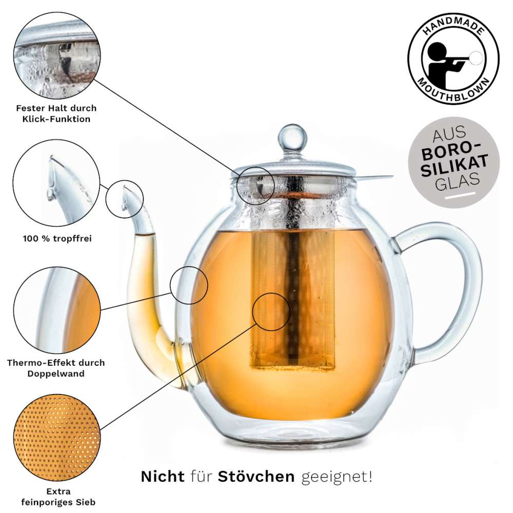 Creano doppelwandige Glas-Teekanne 1,4l mit Edelstahlfilter - tropffrei.