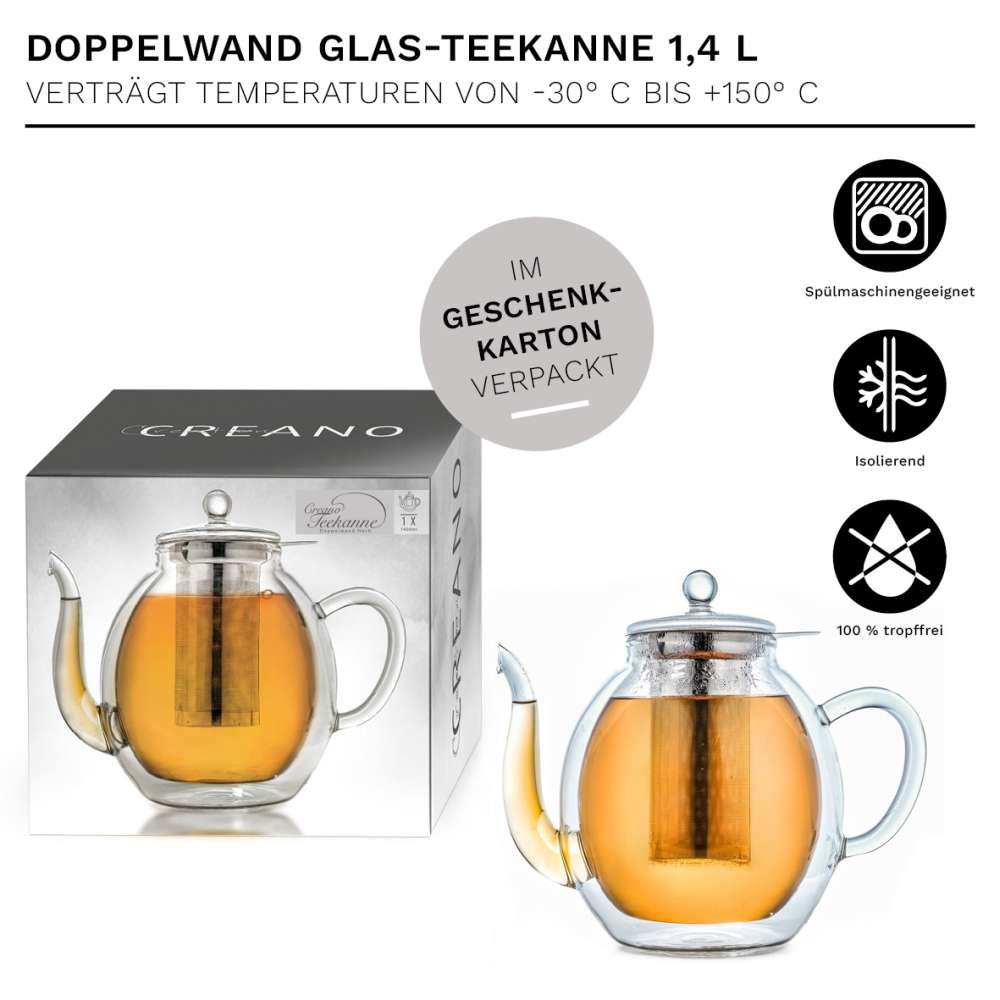 Creano doppelwandige Glas-Teekanne 1,4l mit Edelstahlfilter - tropffrei.