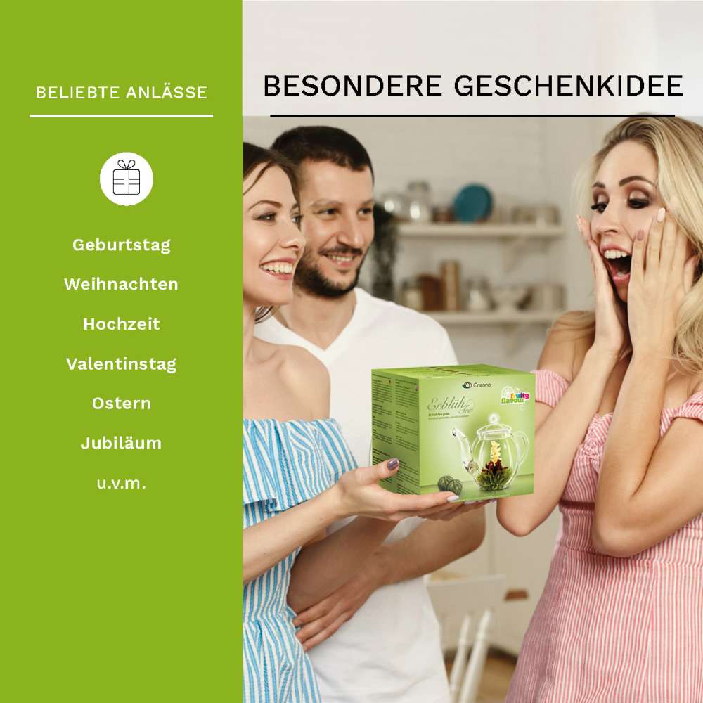 Creano Teeblumen Mix - Geschenkset Erblühtee mit Glaskanne Grüner Tee fruchtig aromatisiert (Teerosen in 6 Sorten), Blooming Tea, Tee Geschenk für Frauen, Mutter, Teeliebhaber