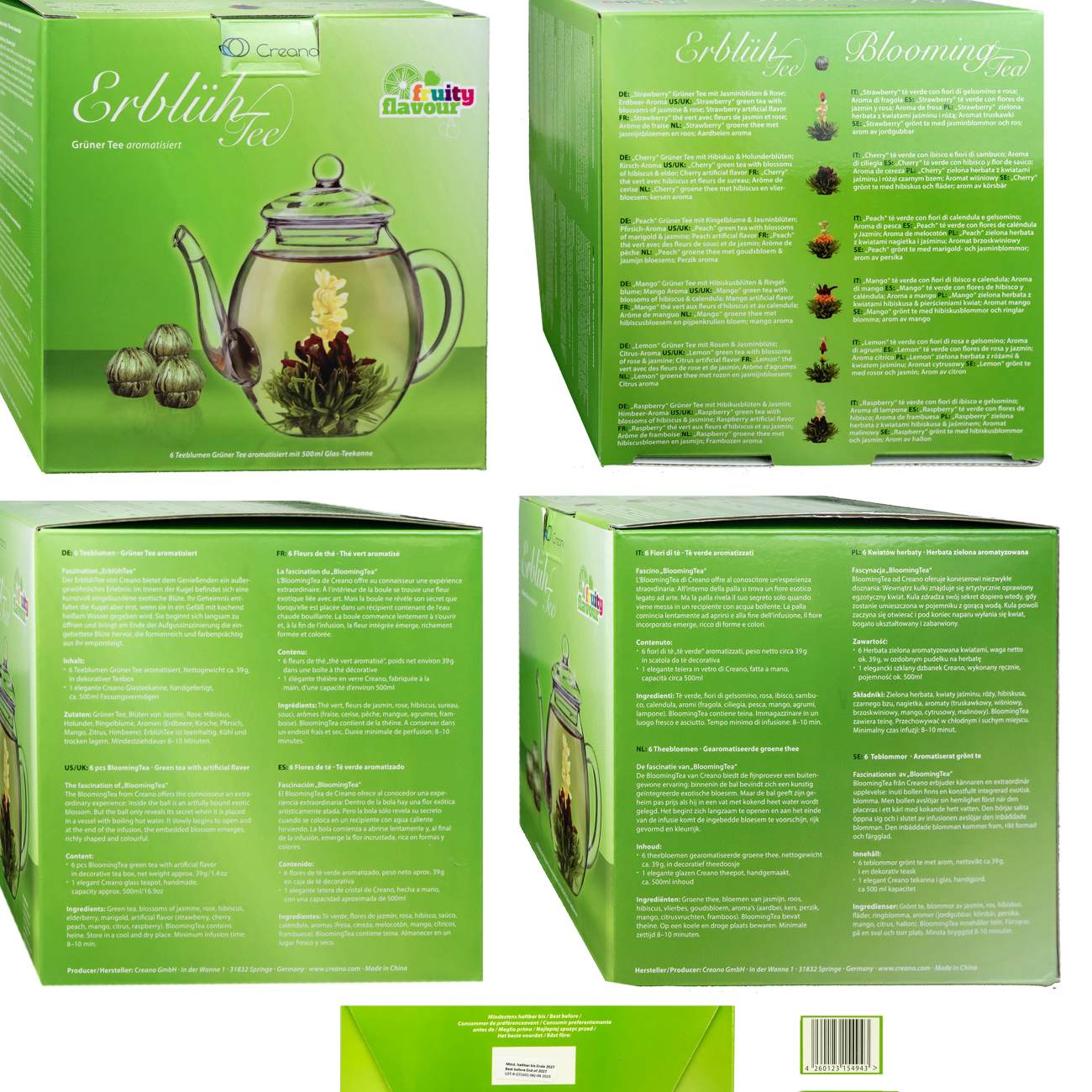 Creano Teeblumen Mix - Geschenkset Erblühtee mit Glaskanne Grüner Tee fruchtig aromatisiert (Teerosen in 6 Sorten), Blooming Tea, Tee Geschenk für Frauen, Mutter, Teeliebhaber - Creano
